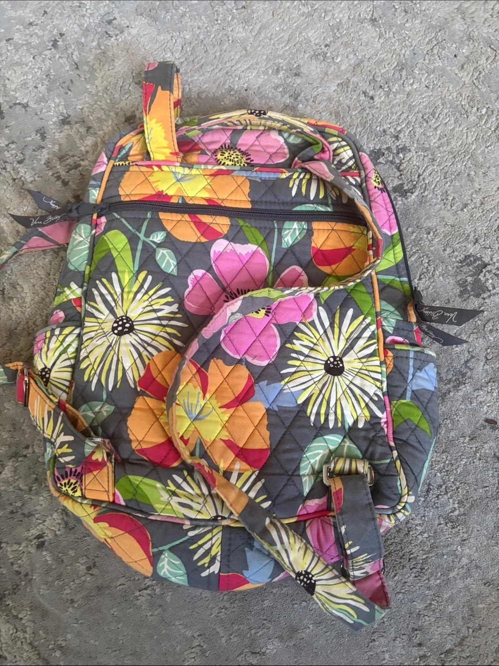 Vera Bradley Quilted Floral Backpack in Gray with Pink, Yellow & Green Accents